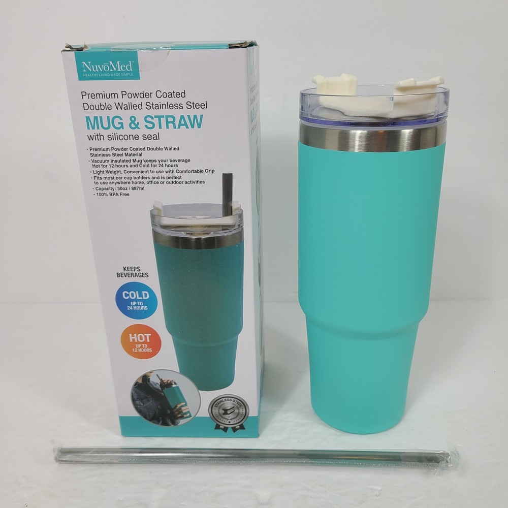 Nuvomed 30oz Teal Green Stainless Steel Mug with Straw Hot or Cold Drinkware