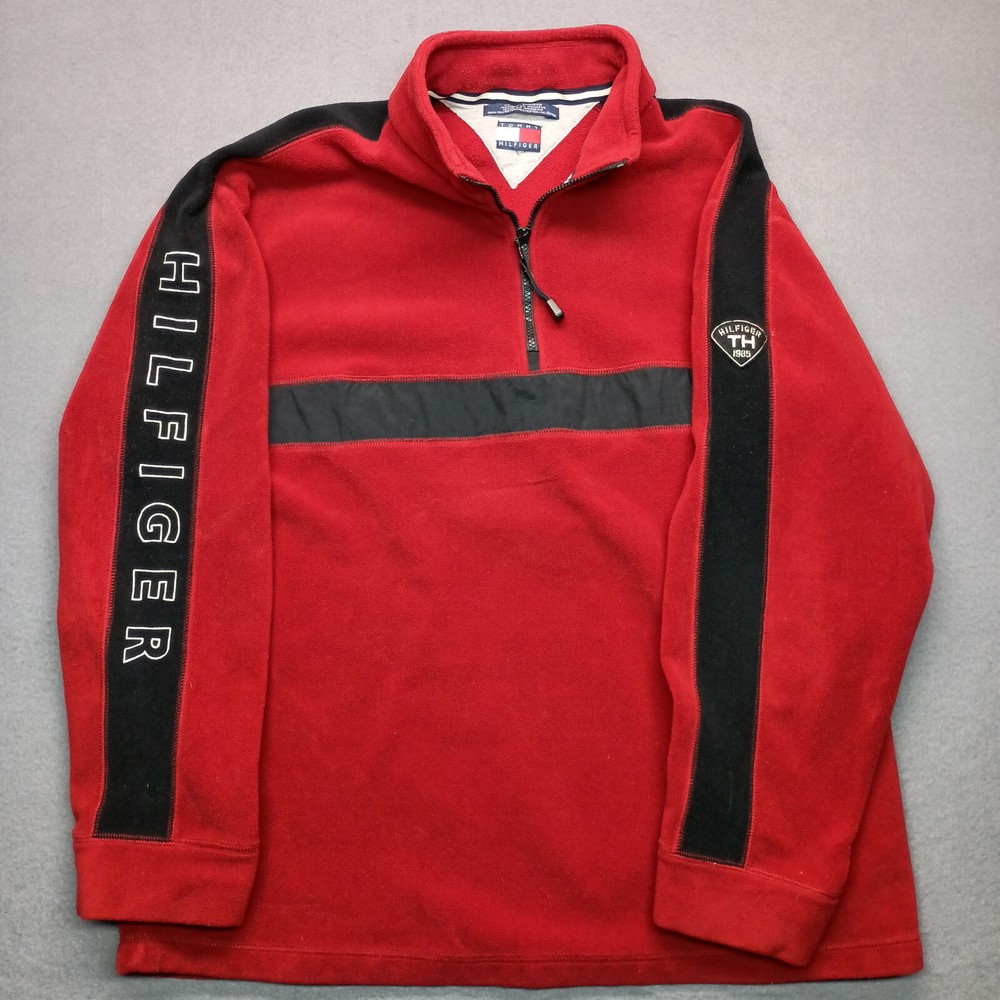 Tommy Hilfiger Men's Large Red Spellout 1/4 Zip Fleece Pullover Y2K Vintage