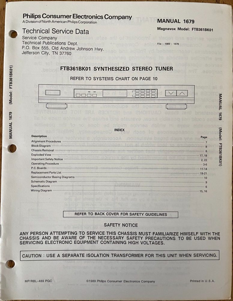 PHILIPS 1679 FT361BK01 SYNTHESIZED STEREO TUNER REPAIR MANUAL