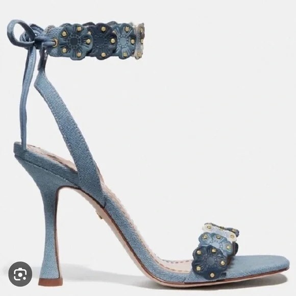 Coach Denim Brodie Strappy Heels With Signature Tea Rose Blue Size 6.5 NWOB