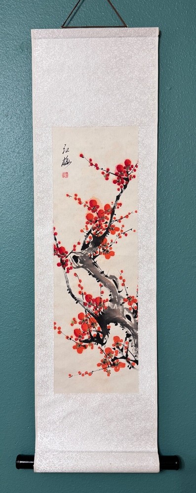 Art Asian Wall Scroll, Red Cherry Blossom Chinese Wall Decor Silk Paper Scroll