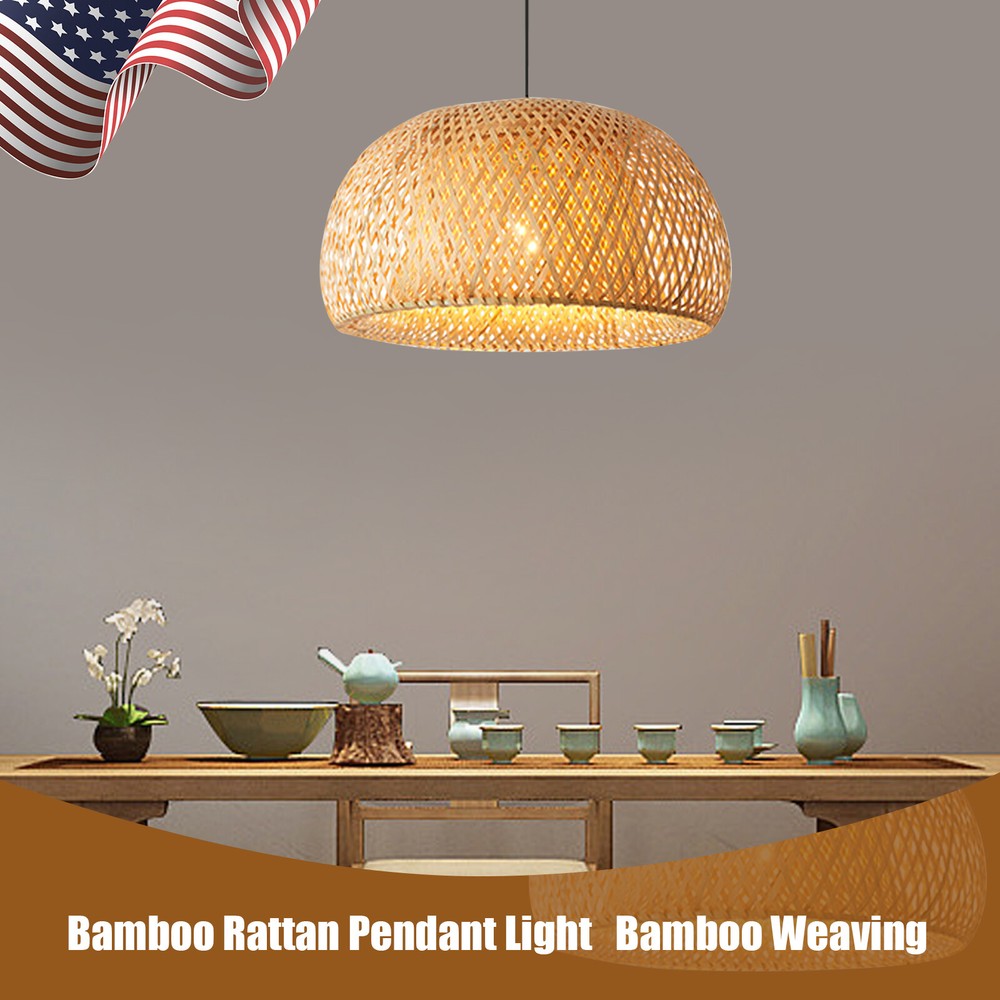 Vintage Bamboo Wicker Rattan Lantern Pendant Light Fixture Hanging Ceiling Lamp