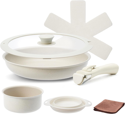 7-Piece Cream White Nonstick Ceramic Cookware Set with Detachable Handles