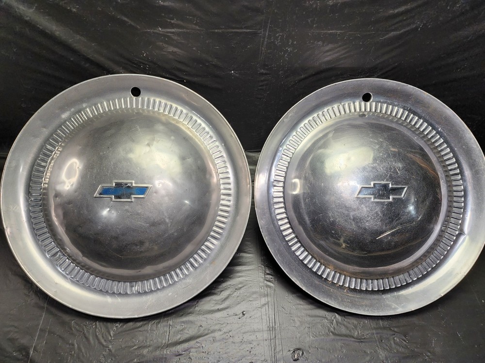 1953 (2) Chevrolet Chevy GM Belair Dog Dish Hub Caps Wheel Cover Bowtie OEM Vtg