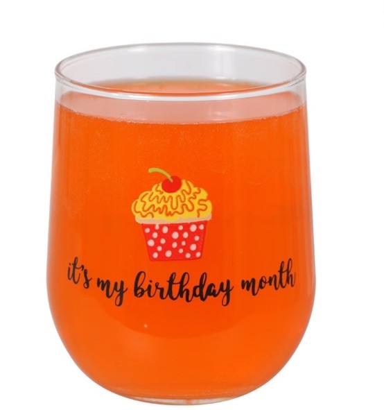 Stemless 16 oz Wine Glass - Birthday Month Cupcake Design - Novelty Gift