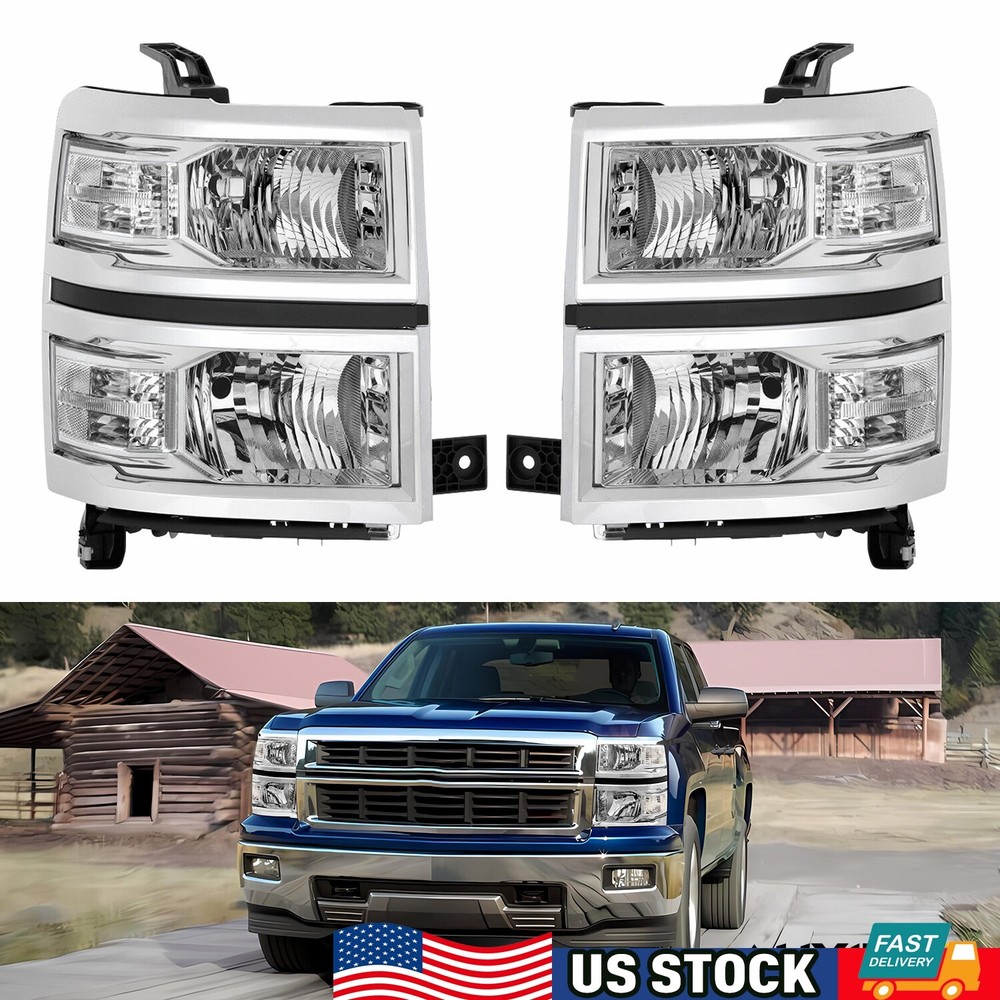 Headlight For 2014-15 Chevy Silverado 1500 Chrome Housing Headlamp Left Right