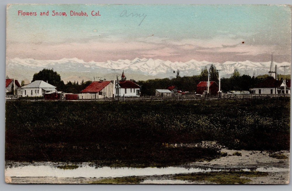 Vintage 1909 Dinuba California Snowy Mountain View Postcard hand colored