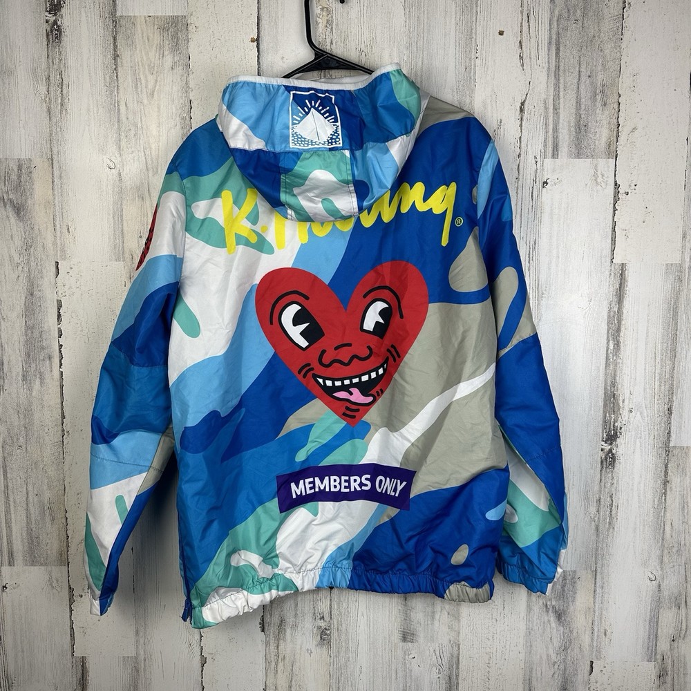 Members Only x K.Haring Y2K Streetwear NY Art Pullover Windbreaker Jacket Size L-image