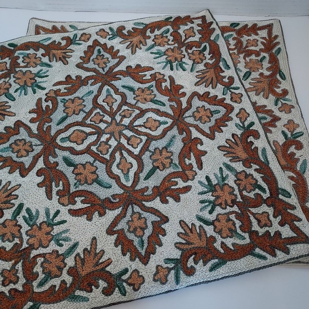 Vintage Kashmiri Kashida Embroidered Floral Pillow Covers Chain Stitch Design  