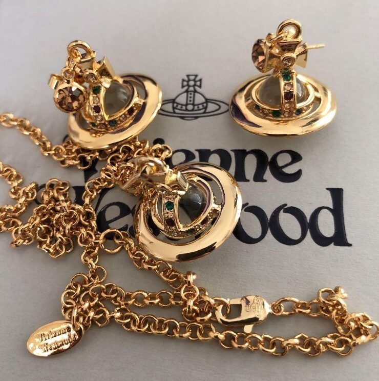 Vivienne Westwood Tiny Orb Necklace Earrings Set Gold Clear No Box Japan New F/S