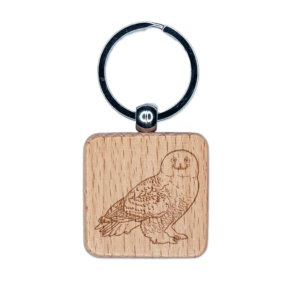 Beautiful Snowy Owl Engraved Wood Square Keychain Tag Charm