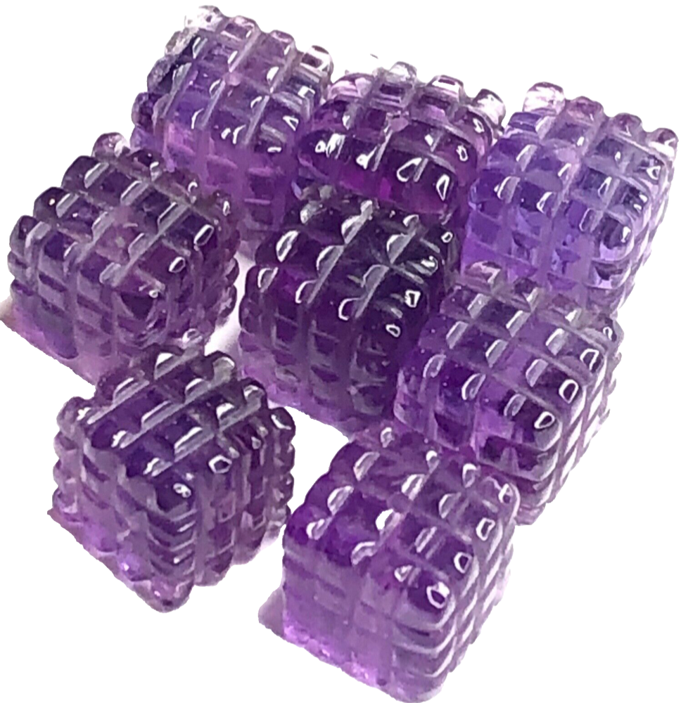 ONE Carved Amethyst Gemstone Bead Hand Carved Square Grid Pattern Sz. 7mm