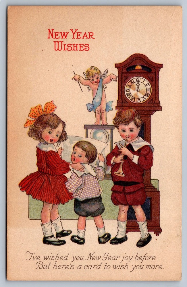c1915 POSTCARD NEW YEAR WISHES CHILDREN SING BABY NEW YEAR CONDUCTS/BIG CLOCK-image