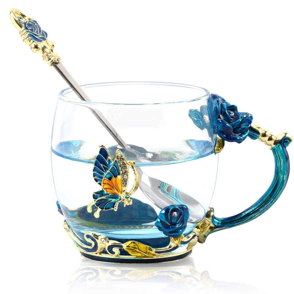 Summer Enamel Camping Tea Mug, Coffee Cup with Spoon Set Clear Glass Handmade...