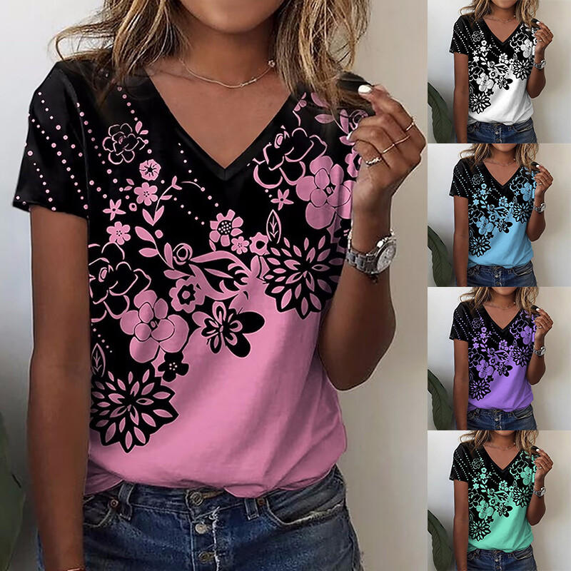 Ladies Summer Tops Blouse Floral V Neck Short Sleeve Tee T-Shirts Plus Size