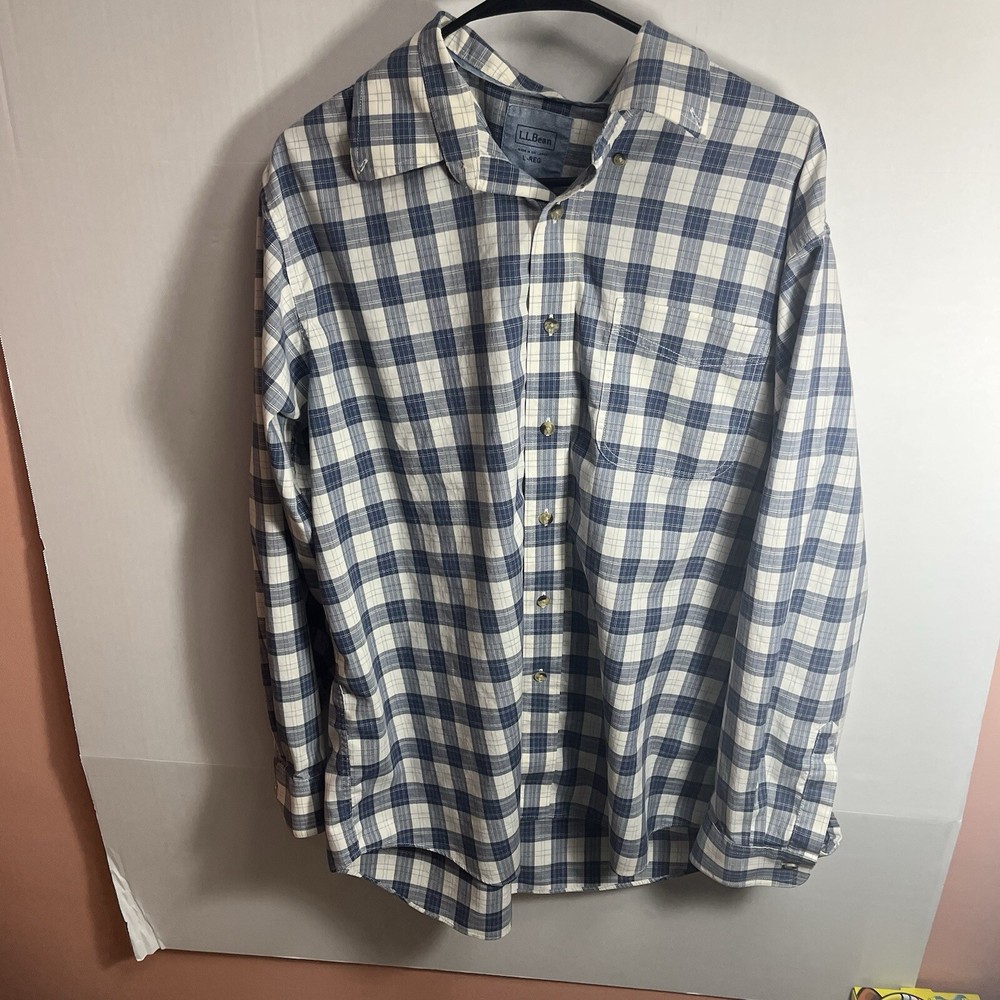 ll bean plaid flannel shirt Men’s Large Blue And White Checkered Pattern