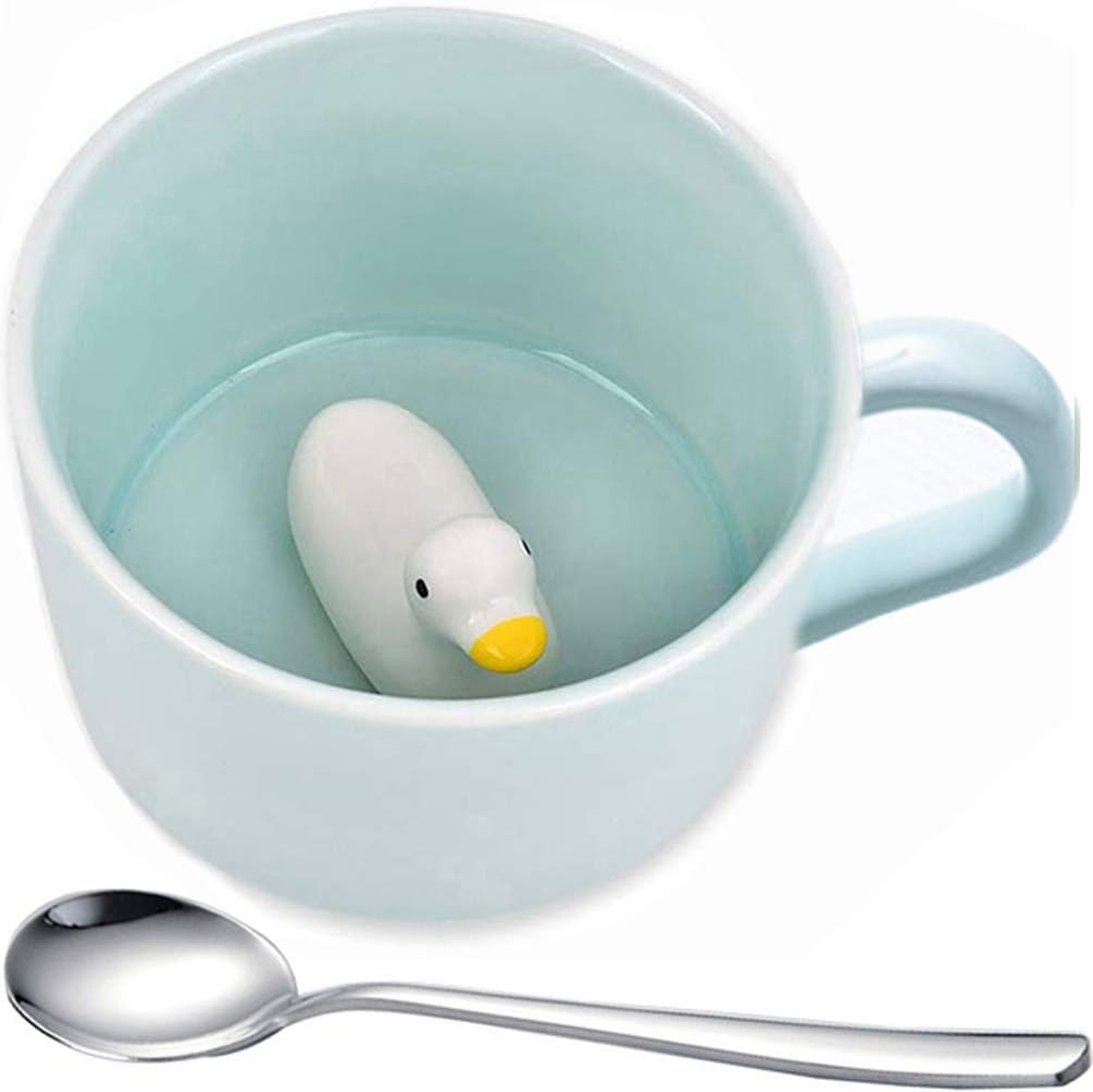 Duck Porcelain Mugs - 2Pcs Animal Figurine Coffee Mugs & Tea Cups, Funny Valenti