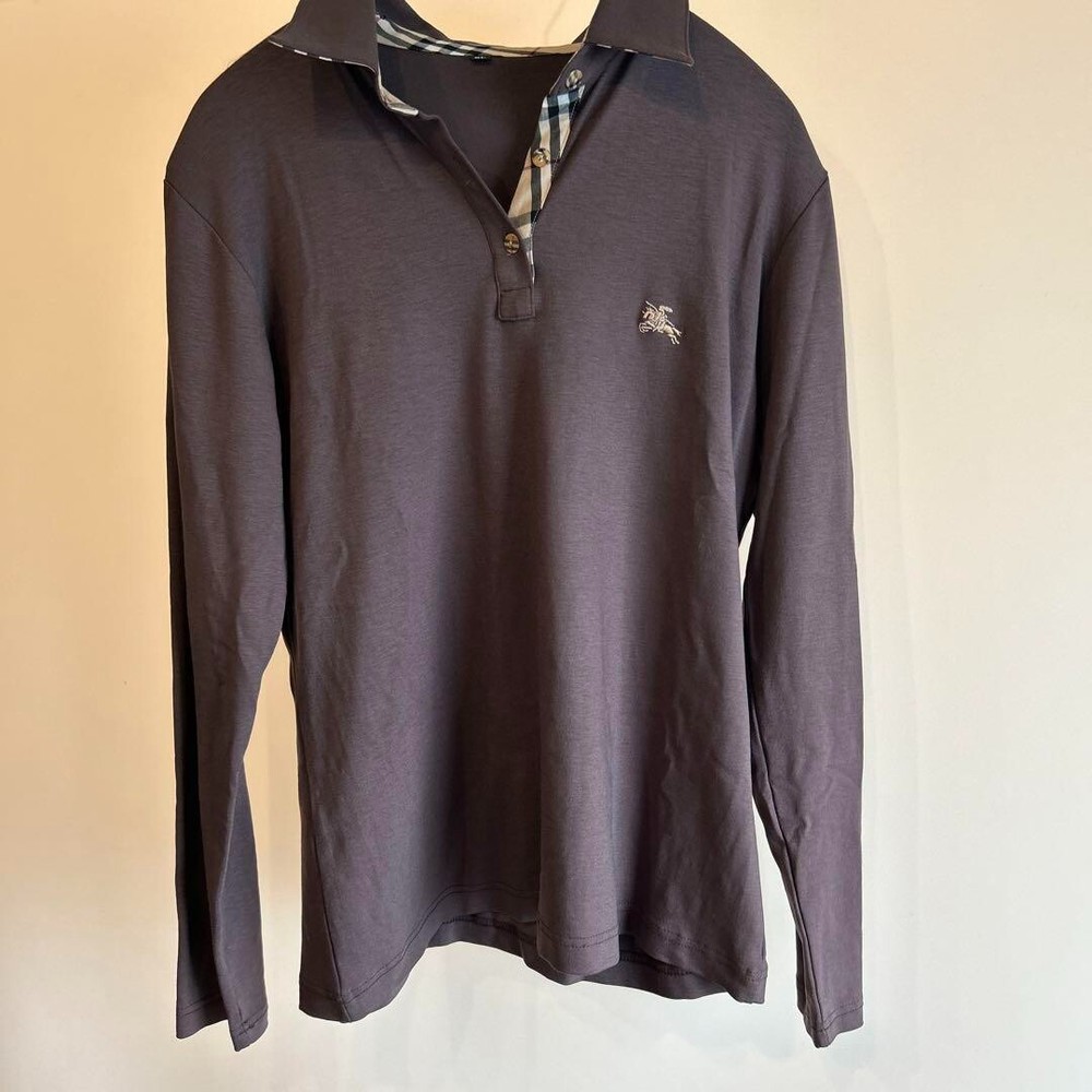 Burberry Polo Shirt Long Sleeve Dark Brown Nova check Logo Women Size XL Used
