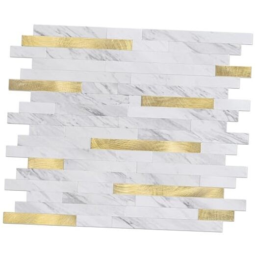 10 White Marble PVC Peel & Stick Backsplash Tile with Gold Metal Accent