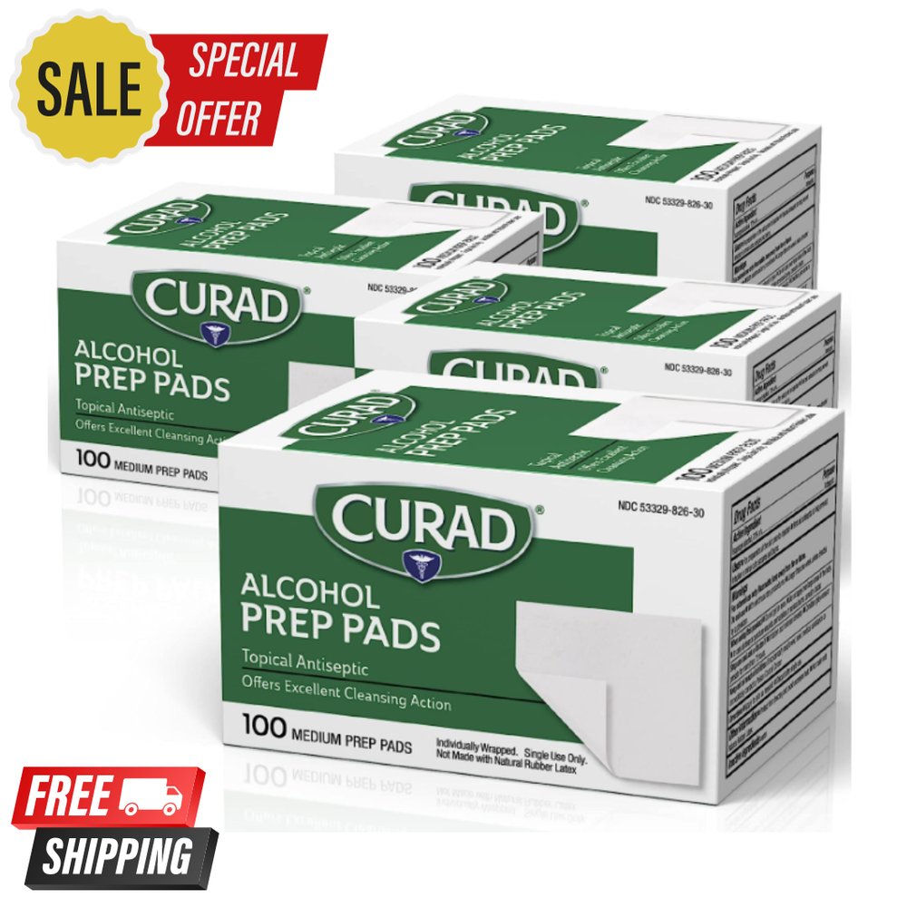 Curad Alcohol Prep Pads Swabs Wipes - 4Box 400 Counts Isopropyl Wipes Thick Pad*