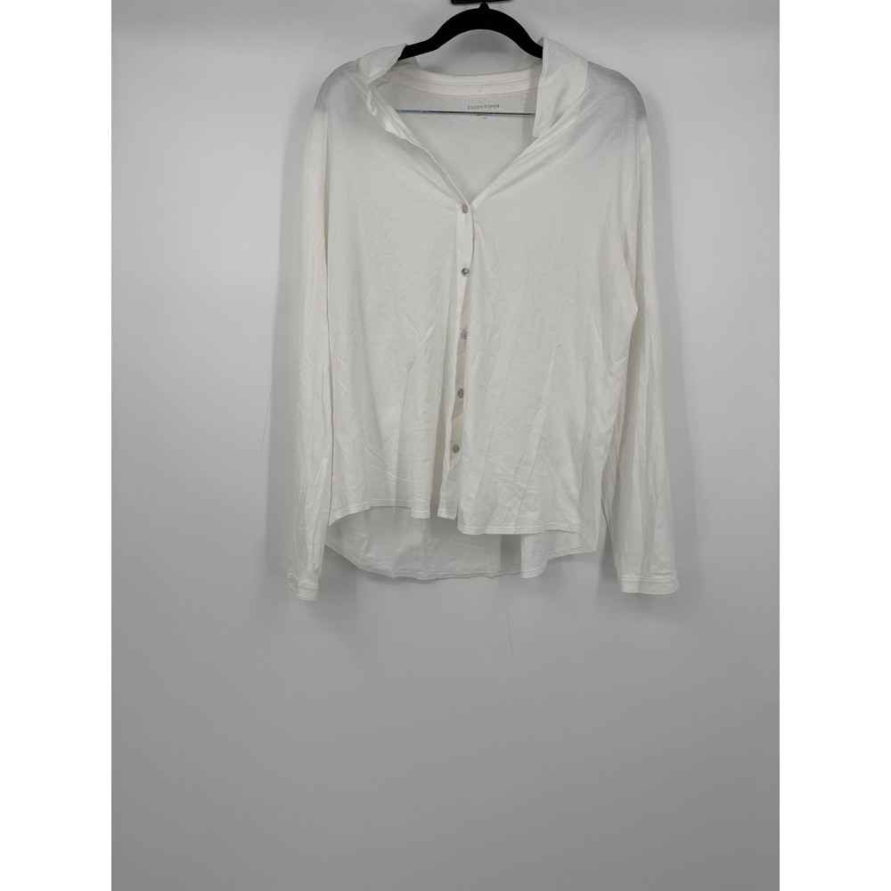 EILEEN FISHER White Organic Cotton Button Front Long Sleeve Shirt Top L G