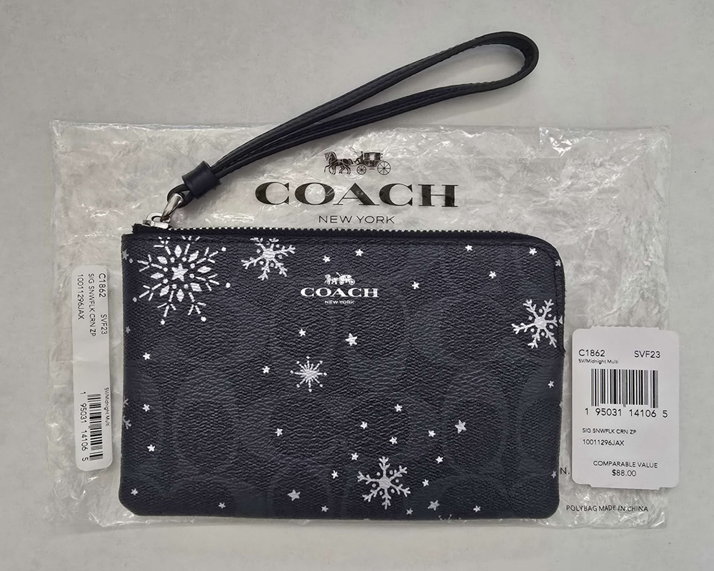 Authentic Coach Snowflake Print Signature Canvas Zip Wristlet