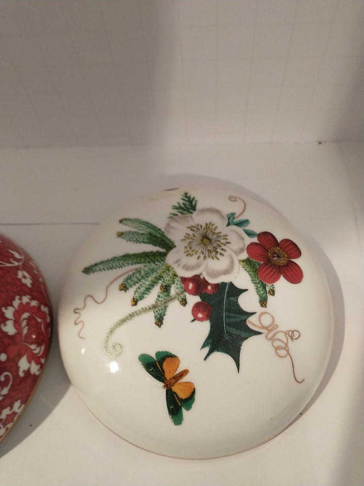 Vintage Floral Hand-Painted Porcelain Trinket Box with Gold Accent Fringe