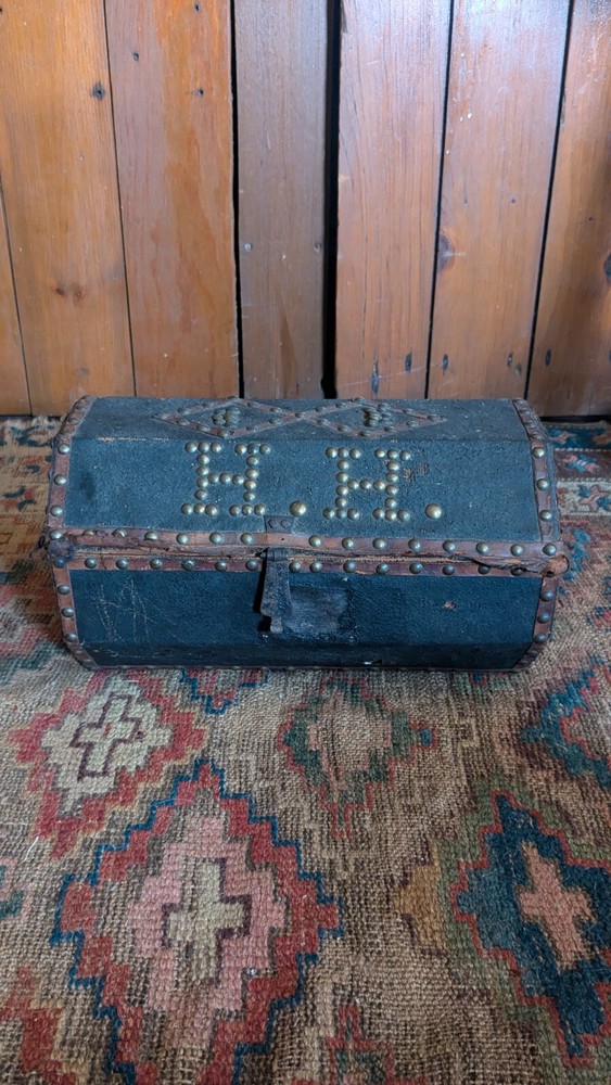 Best Antique Early Primitive Wood Octagon Leather Covered Document Box 12.25
