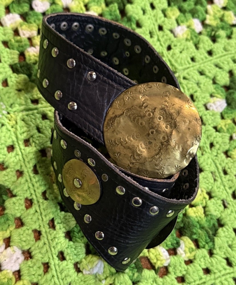 Vintage Leather Studded Concho Hip Belt Boho Grunge Western Chunky Biker