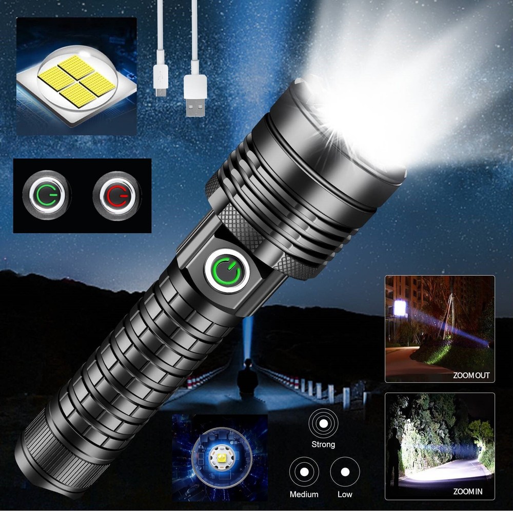 1000000LM Super Bright LED Flashlight Rechargeable USB Working LED Torch Zoom