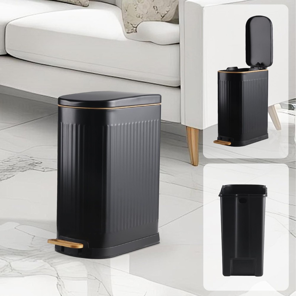 Slim Trash Can with Lid, Soft Close Stainless Steel Garbage Basket, Step-On S...
