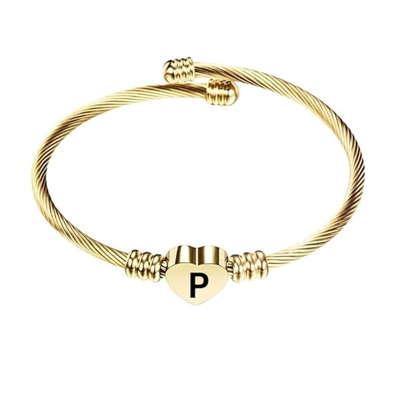 Stainless Steel Heart Word-P Bracelet Engraved Charm Bracelet for Women Golden