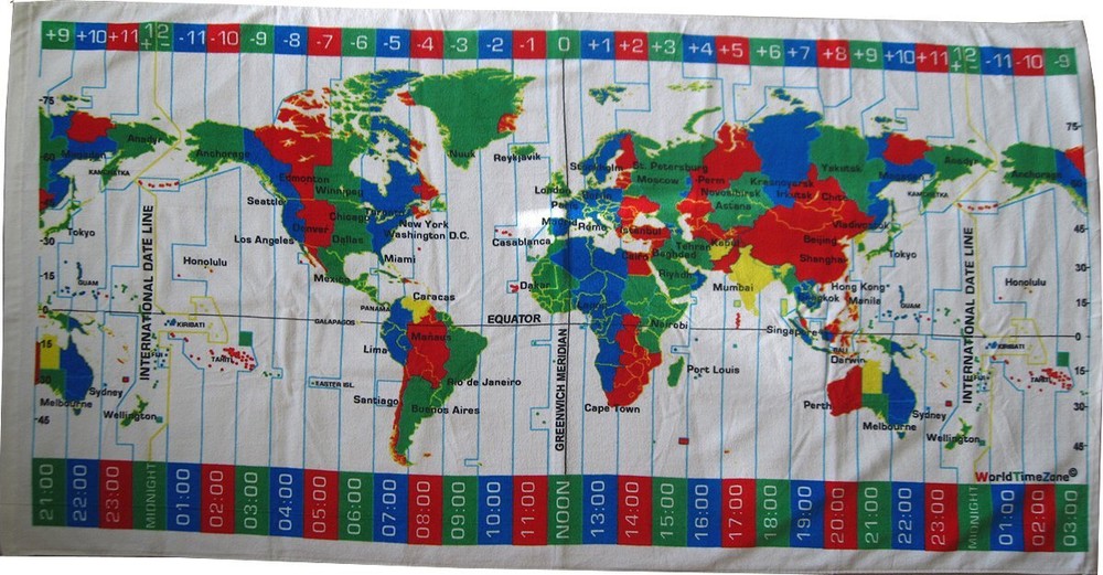 White Velour Beach Towel 30x60 Inches with World Time Zones Design