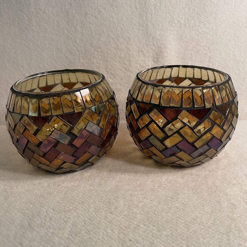 Vintage Glass Mosaic Candle Holders in Amber Gold Brown Set of 2