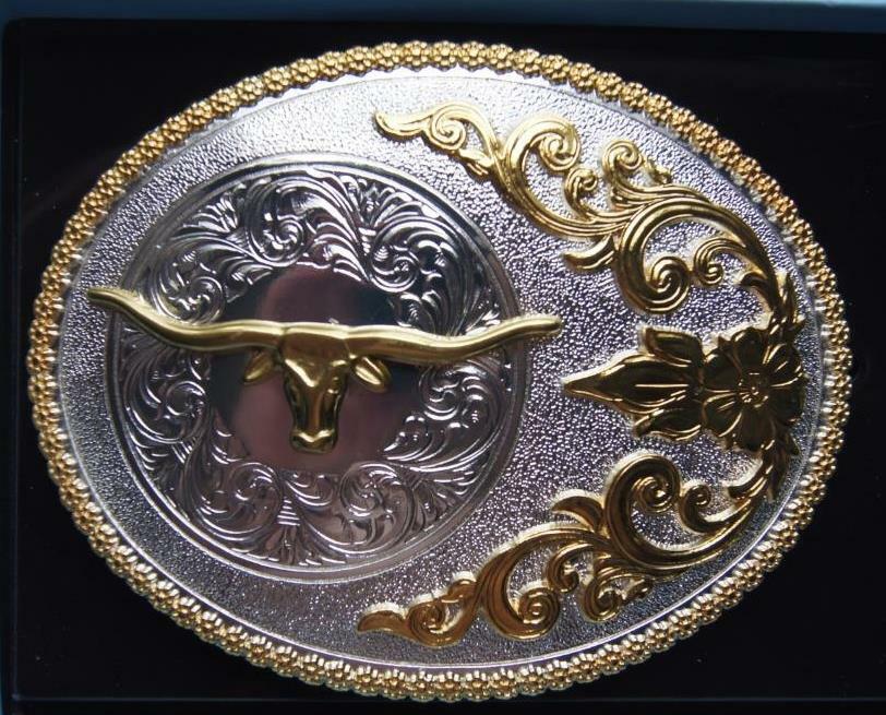 Nocona Oval Floral Antique Silver & Gold Tone LONGHORN Belt Buckle 3756413