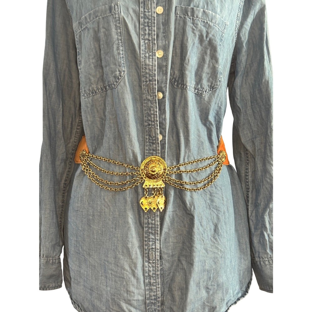 Vintage Gold Tone Medallion Chain Belt Dangling Charms Colorful Band and Suede