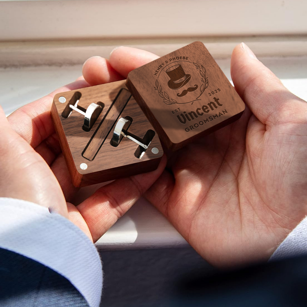 Personalised Wooden Cufflinks & Tie Clip Set in Walnut Box