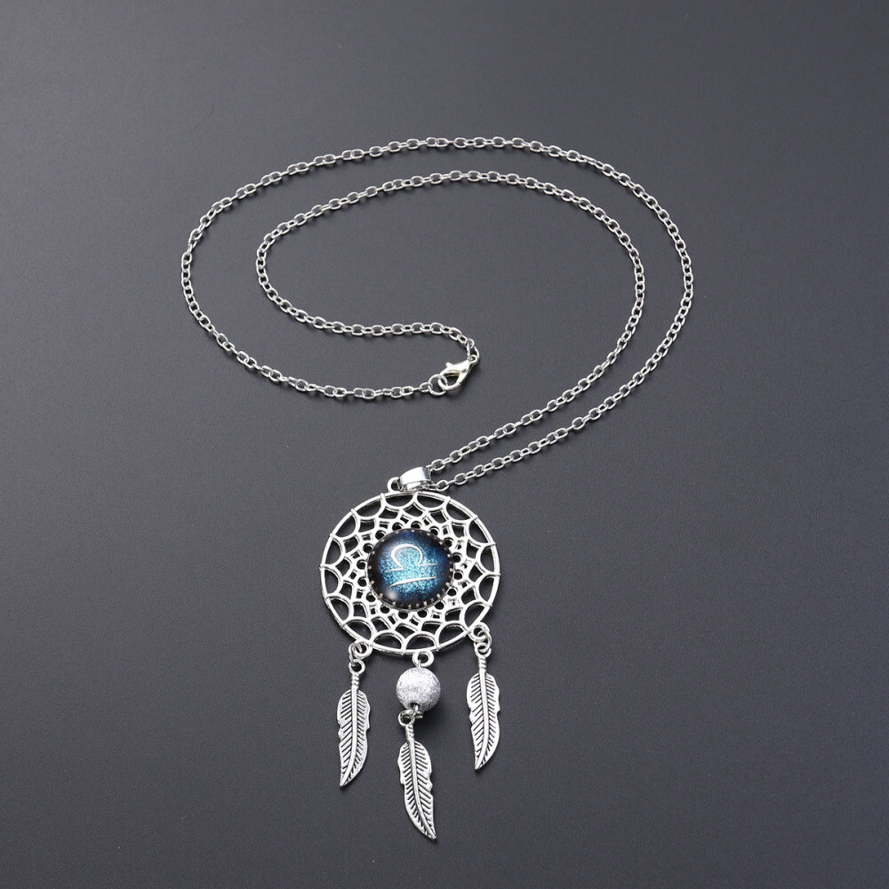 Dream Catcher Necklace for Women - Bohemian Zodiac Pendant with Feather Charm  