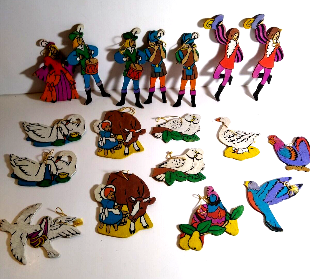Vintage Wood Christmas Ornaments People Animals Double Sided Painted Lot Of 18