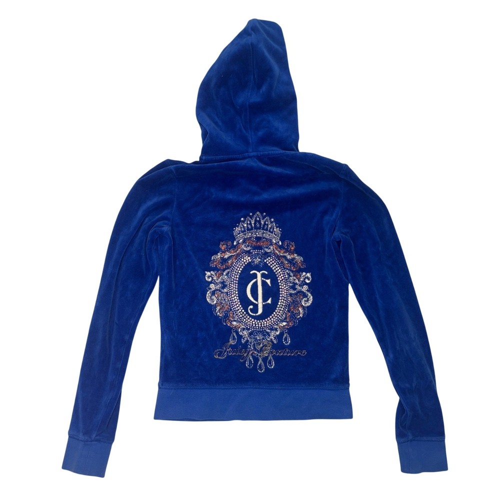 Vintage Juicy Couture Hoodie Womens Small Blue Velour Track Y2K Rhinestone