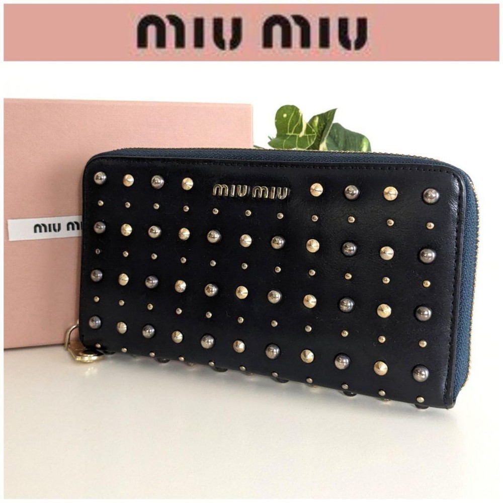 Miu Studded Leather Round Long Wallet for Women and Men in Black