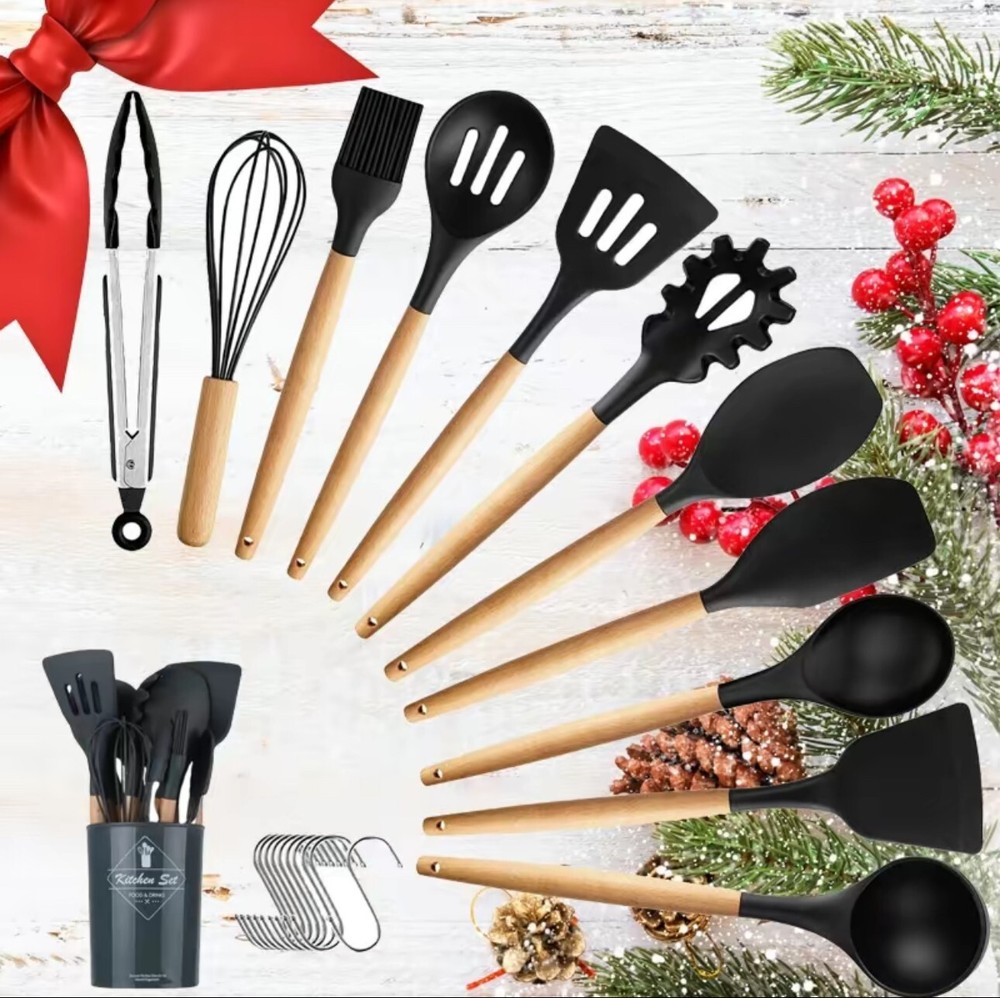 Silicone Cooking Utensils 22pcs Kitchen Utensil Set, Wooden Handle Nontoxic BPA