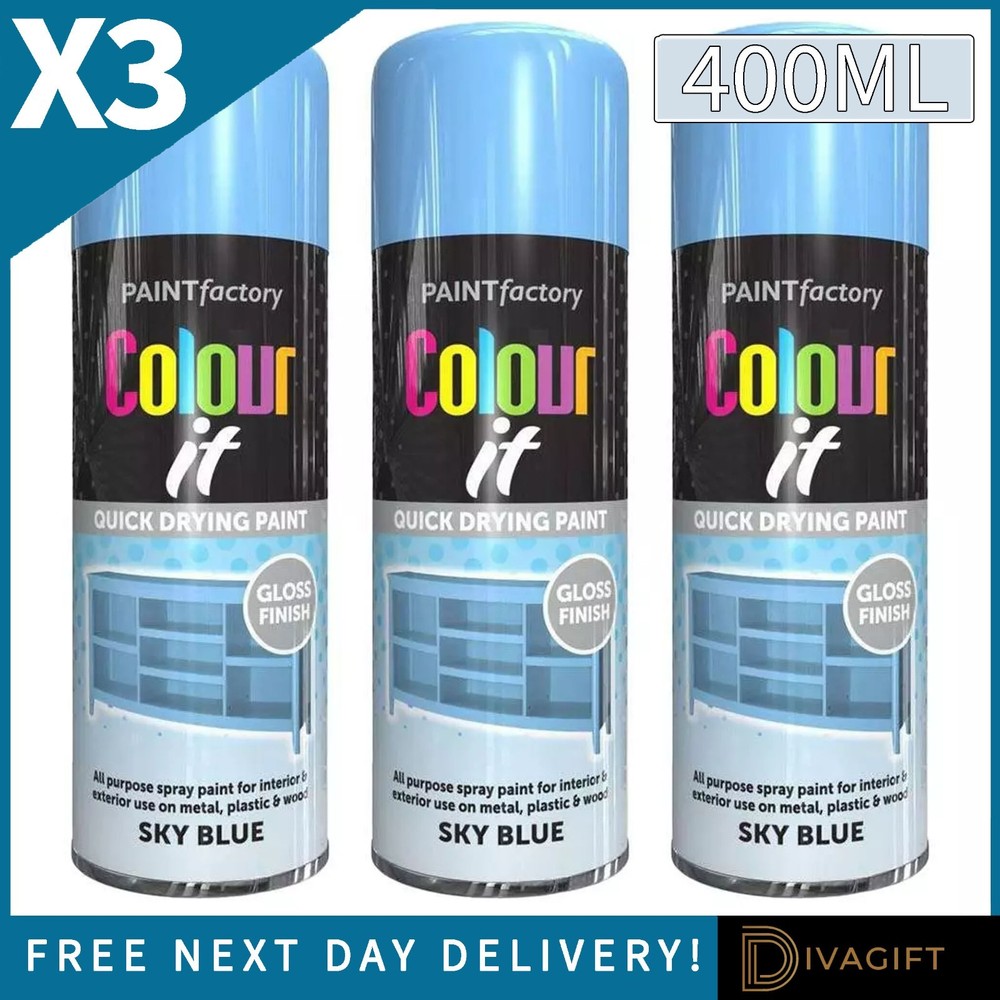 3 x SKY BLUE GLOSS FINISH SPRAY PAINT 400ML AEROSOL FOR WOOD PLASTIC METAL NEW