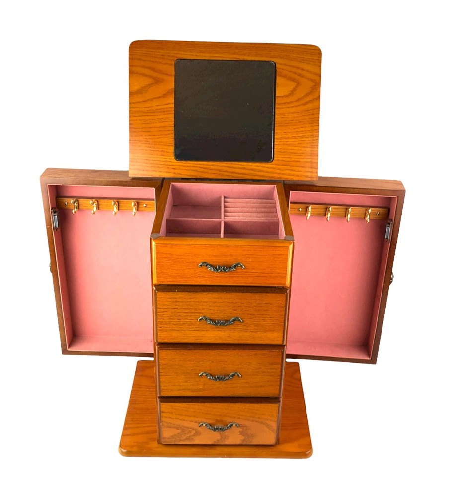 Beautiful Wood Jewelry Box Lined with Pink Fabric Sides & Top Open 3 Drawers