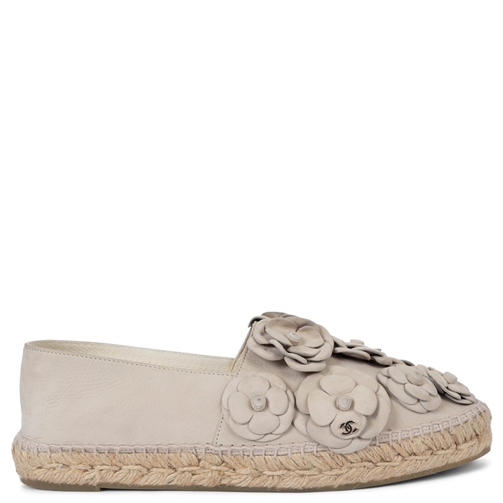 70253 auth CHANEL taupe leather 17C CUBA CAMELLIA Espadrilles Shoes 42 fit 41