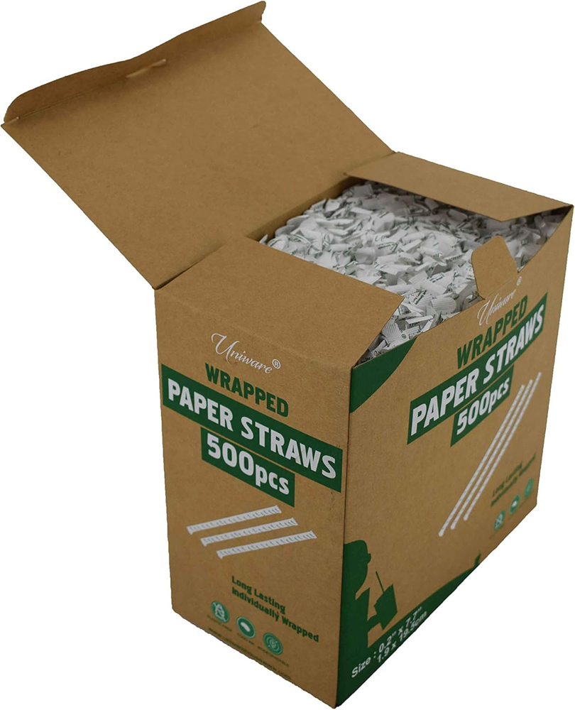 500 Individually Wrapped 0.2x7.7-8in White Paper Straws Bulk Long-Lasting Eco-Friendly