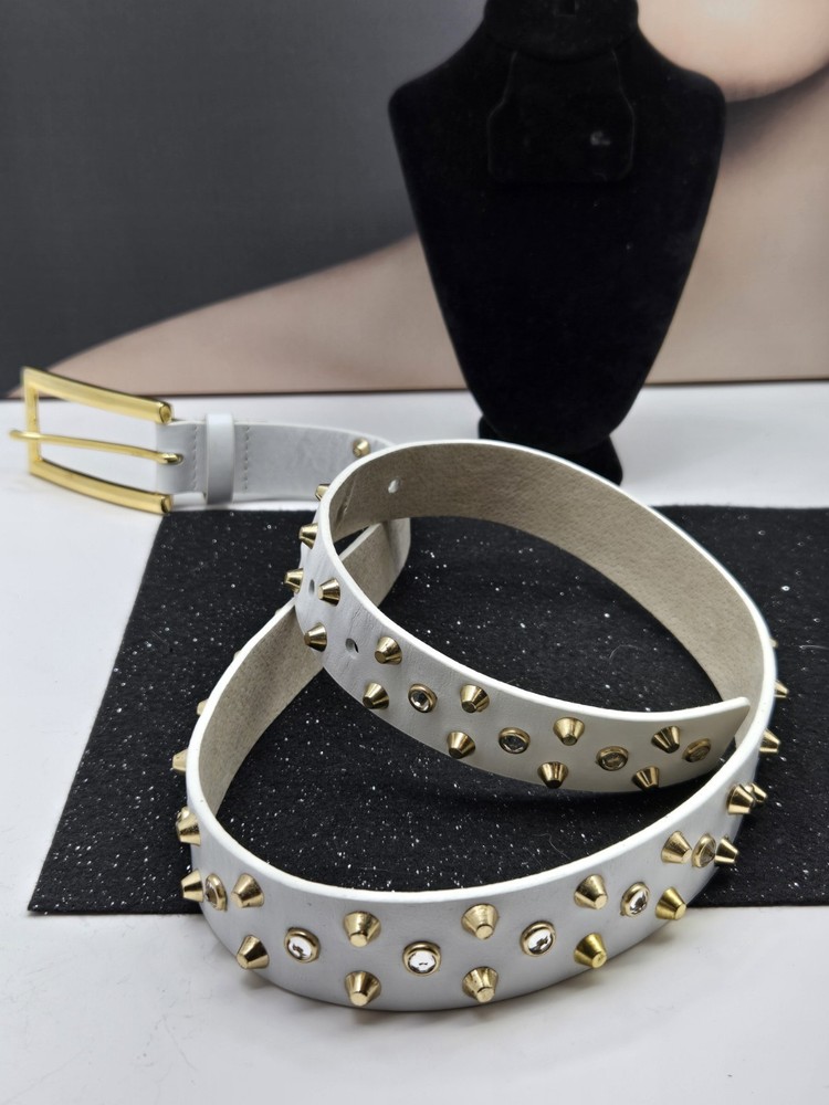 WCM New York White Studded Leather Belt with Gold Rectangle Buckle