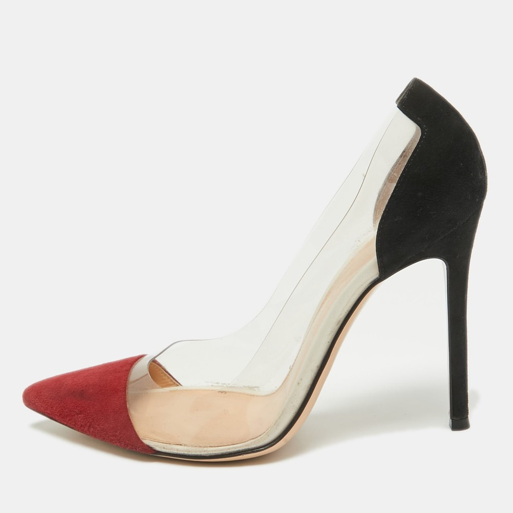 Gianvito Rossi Burgundy Black Suede PVC Plexi Pointed Toe Pumps Size 38