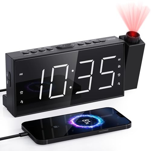 Projection Alarm Clock with FM Radio,Large Number Display & White Digits