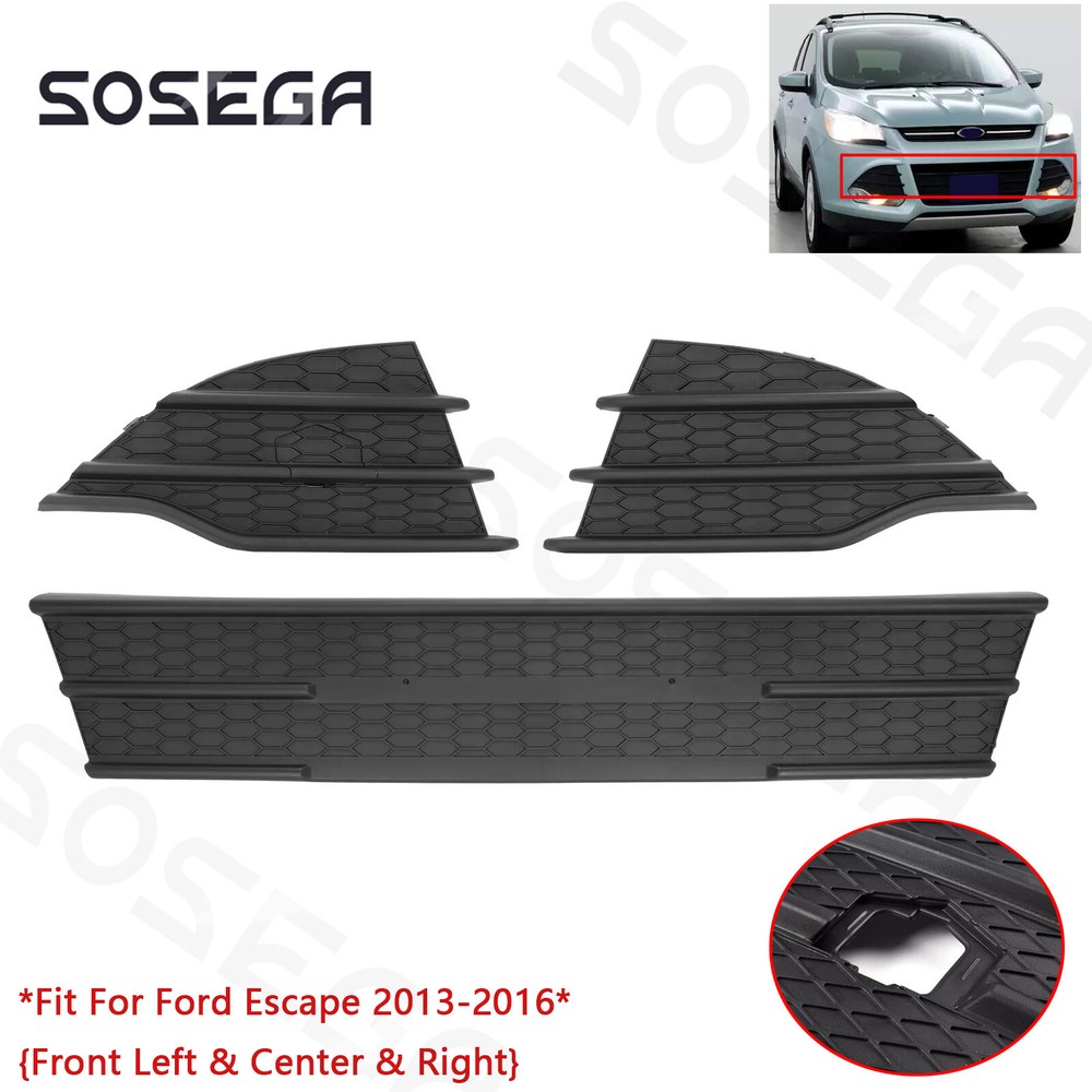 3Pcs Front Bumper Lower Grille Fog Light Covers For Ford Escape 2013-2016 Black